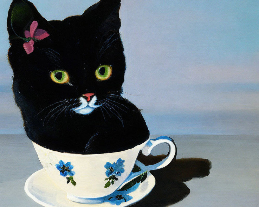 Black Cat with Pink Bow Sitting in White Teacup with Blue Flowers