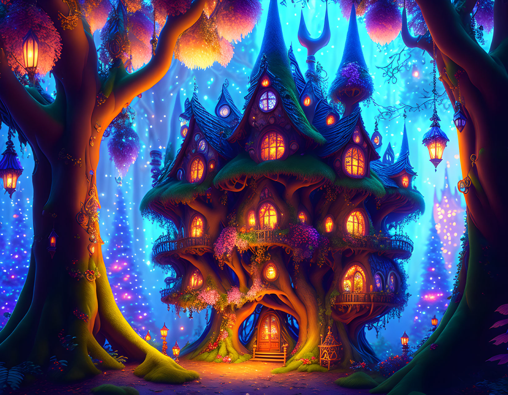 Enchanted Treehouse in Magical Forest with Glowing Windows