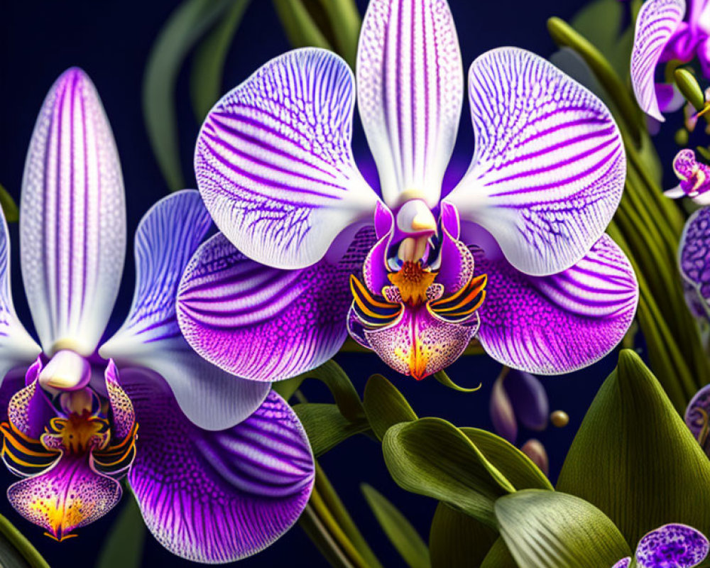 Purple-striped orchid flowers with yellow centers on dark background