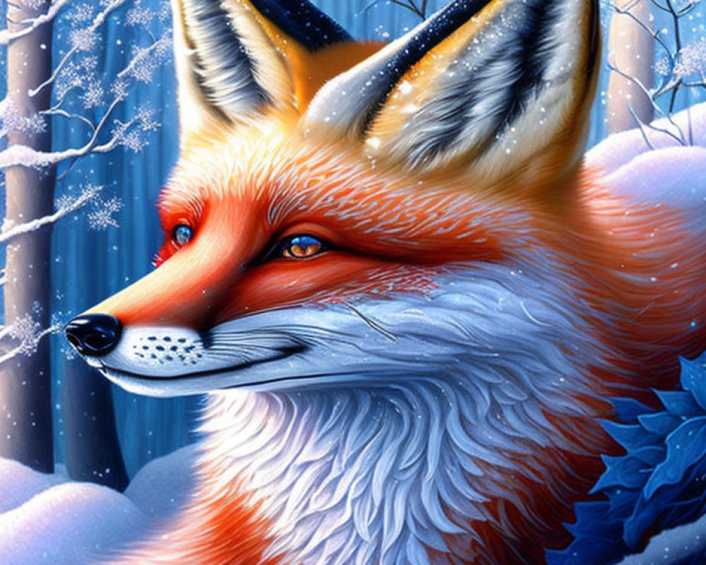 Red Fox in Winter Forest with Blue Leaves and Snowflakes