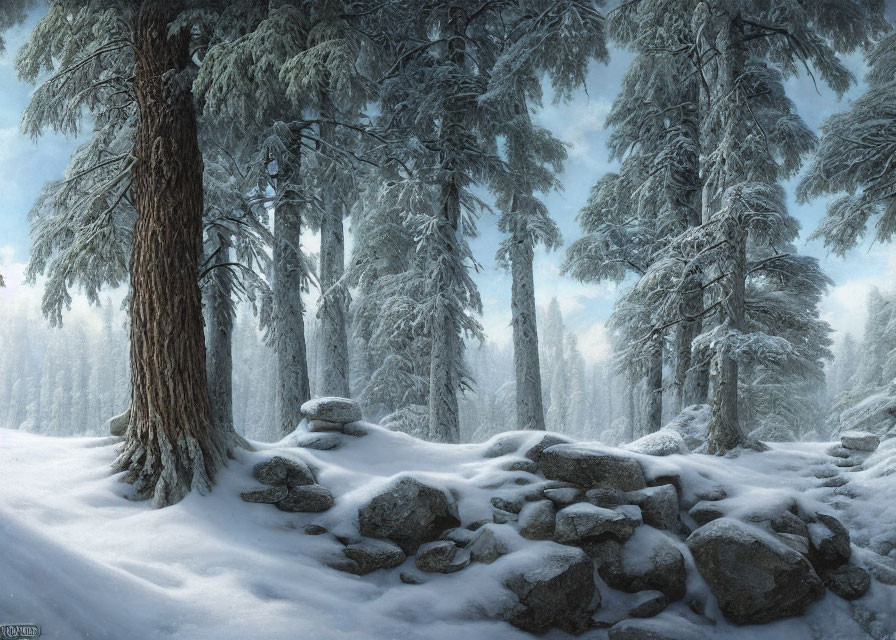 Snow-covered forest with prominent tree, snow-capped rocks, misty snowy background