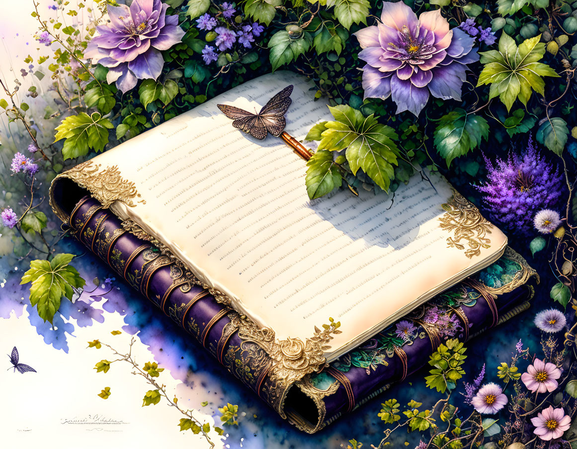 Ornate journal with blank pages on bed of flowers and butterfly resting on quill pen