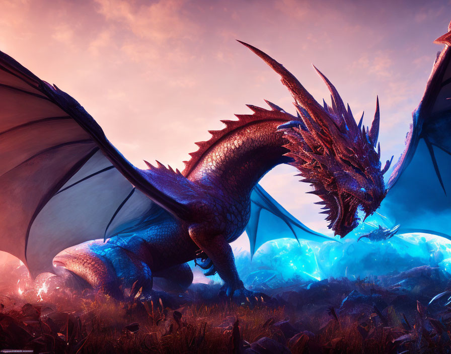 Majestic red dragon guarding glowing blue eggs in fantastical landscape