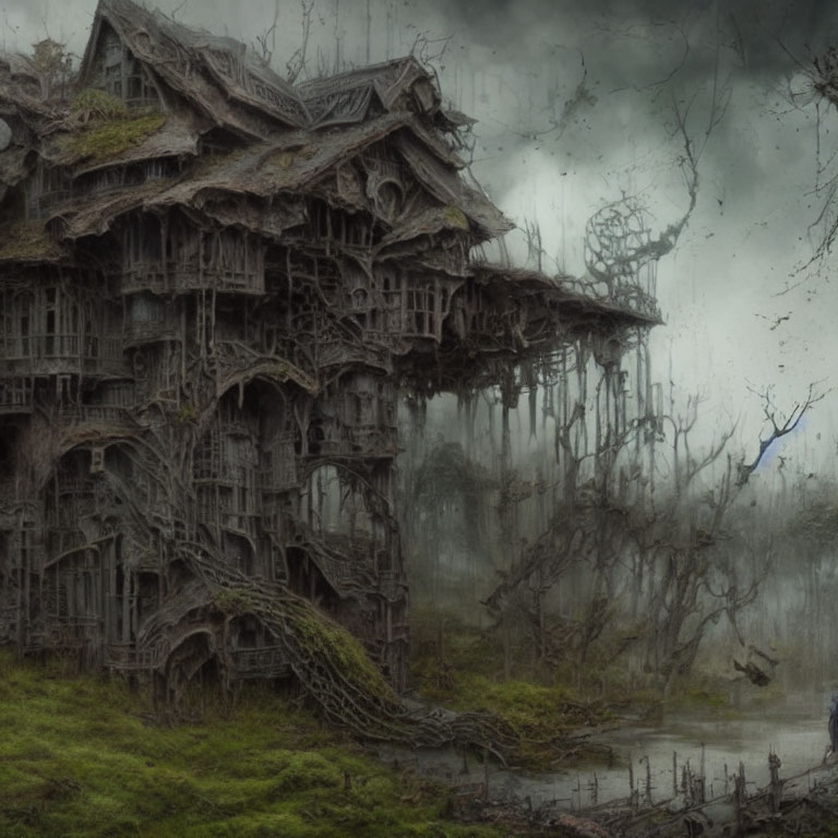 Abandoned wooden house in swampy landscape with foggy ambiance