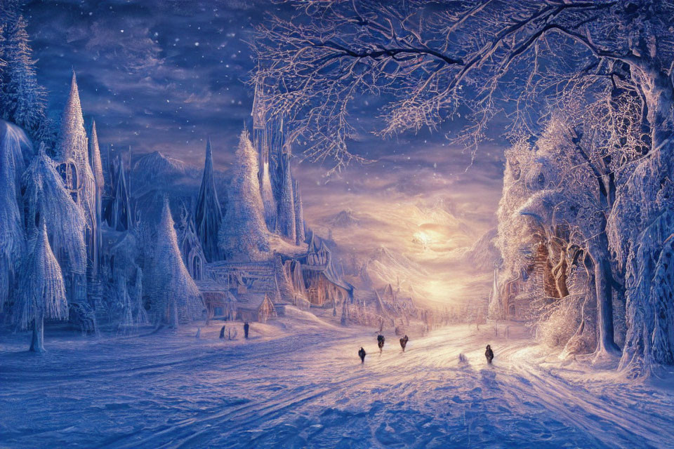 Snowy forest path in twilight with walking figures