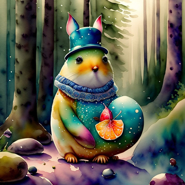 Chubby rabbit with Easter egg in magical forest scene