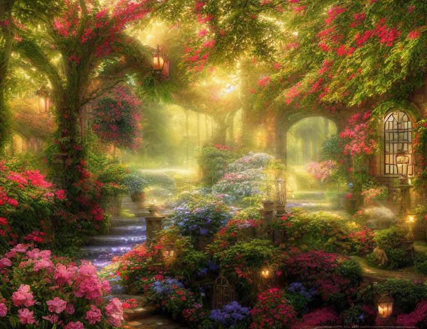 Tranquil garden scene with cascade, pink flowers, greenery, and sunlight