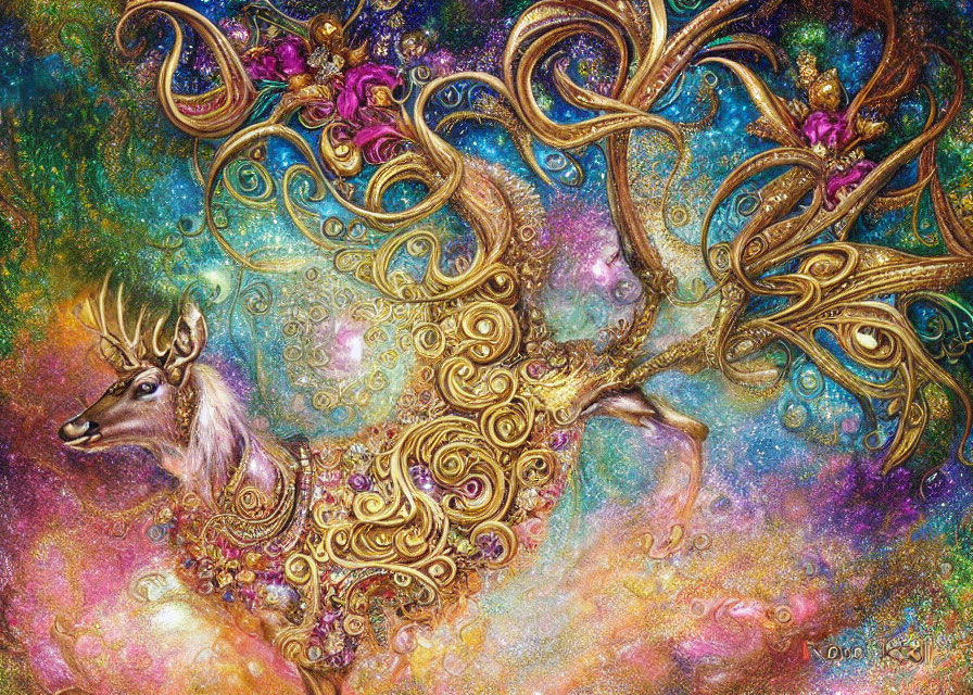 Ornately adorned stag with golden antlers on cosmic background