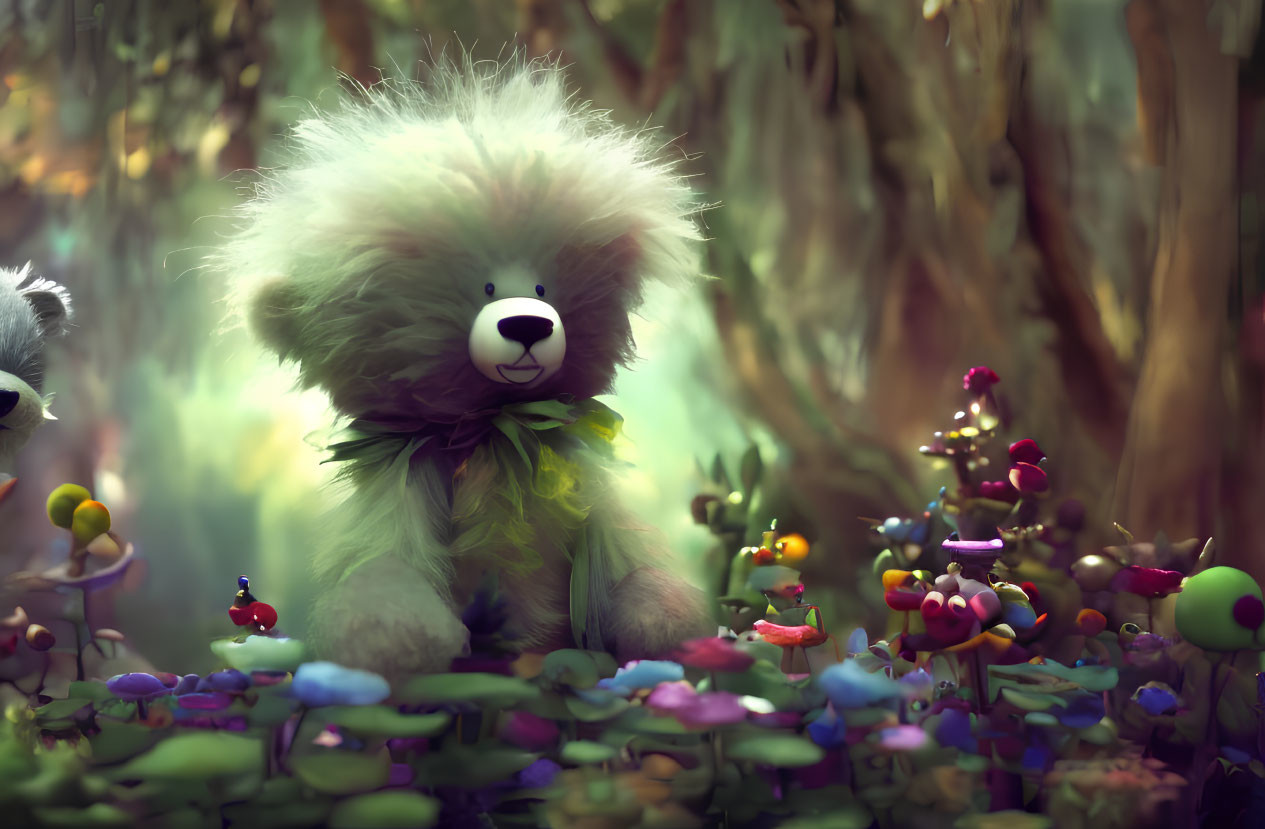 Colorful fantasy forest scene with fluffy teddy bear and green bow tie