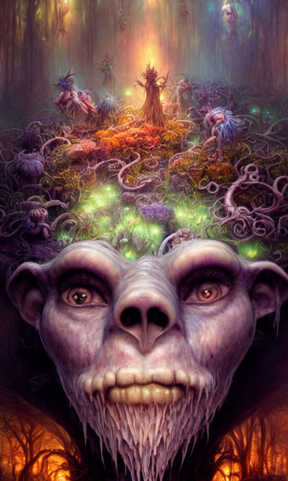Large Primate's Face in Surreal Forest Scene