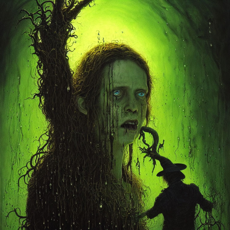 Pale figure with blue eyes in green light and dark tendrils.