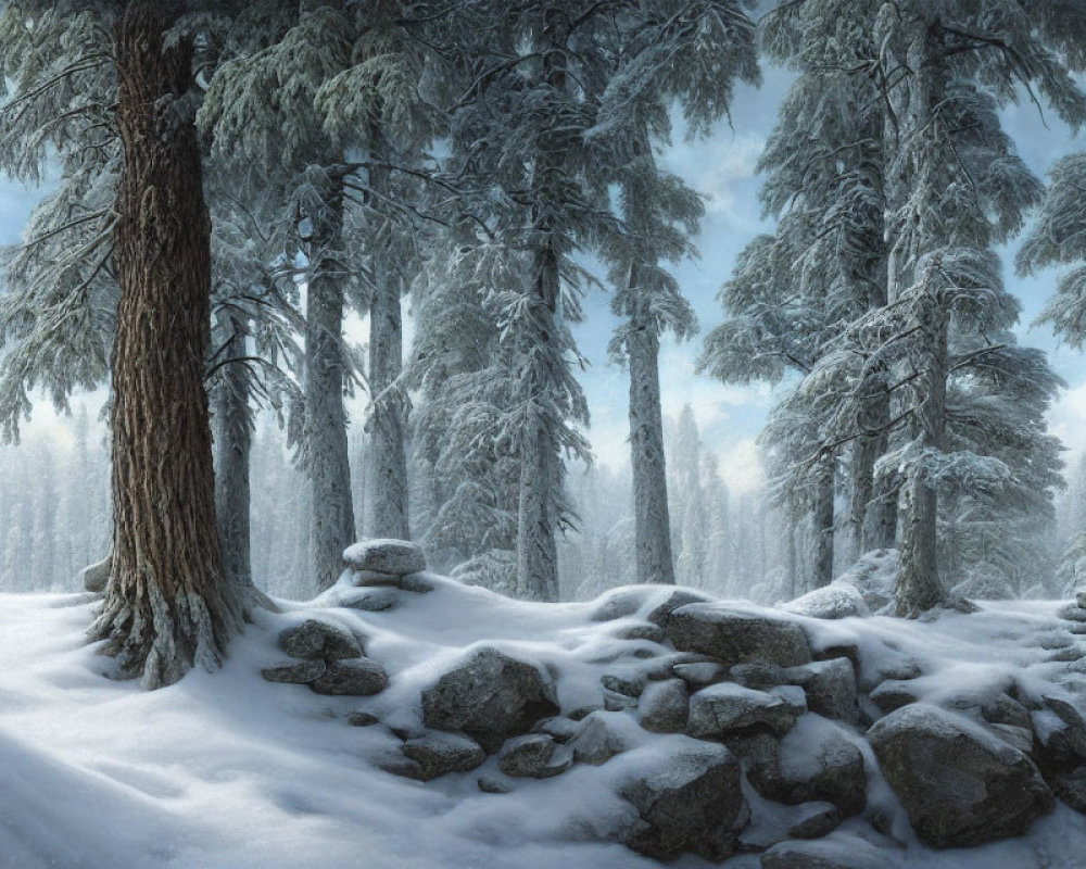 Snow-covered forest with prominent tree, snow-capped rocks, misty snowy background