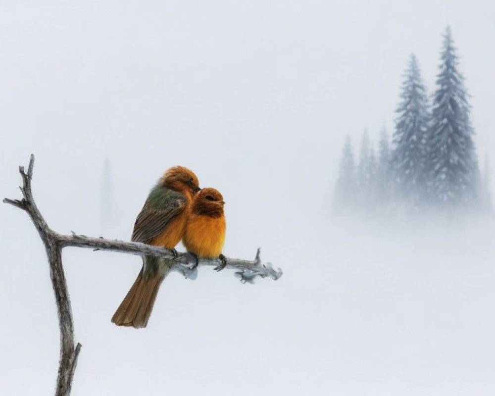 Birds perched on snowy branch with foggy forest backdrop