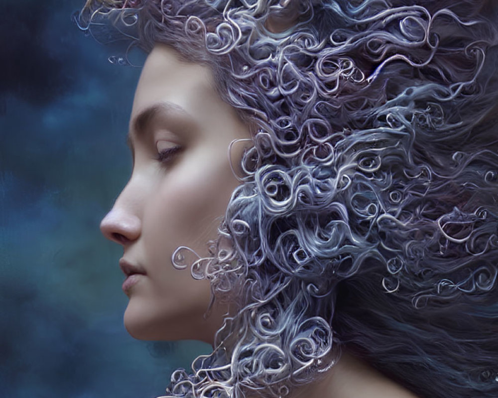 Detailed profile of woman with swirling floral hair on moody background
