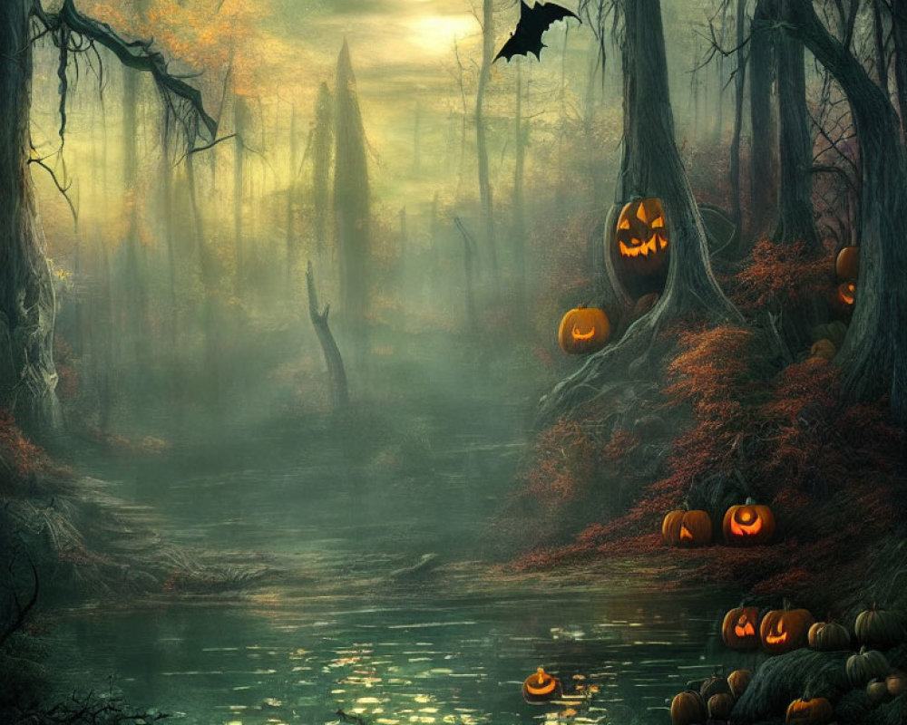 Mystical Halloween forest with pumpkins, full moon, bat, river