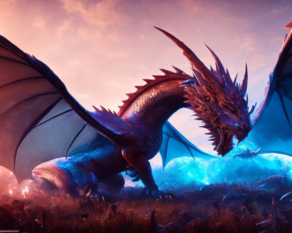 Majestic red dragon guarding glowing blue eggs in fantastical landscape