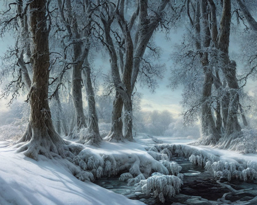 Snow-covered Trees and Frozen Creek in Tranquil Winter Forest