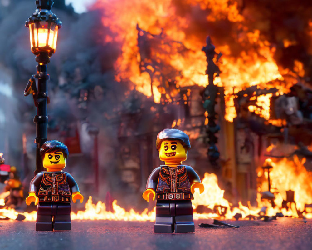 LEGO figures in front of fiery backdrop with street lamp