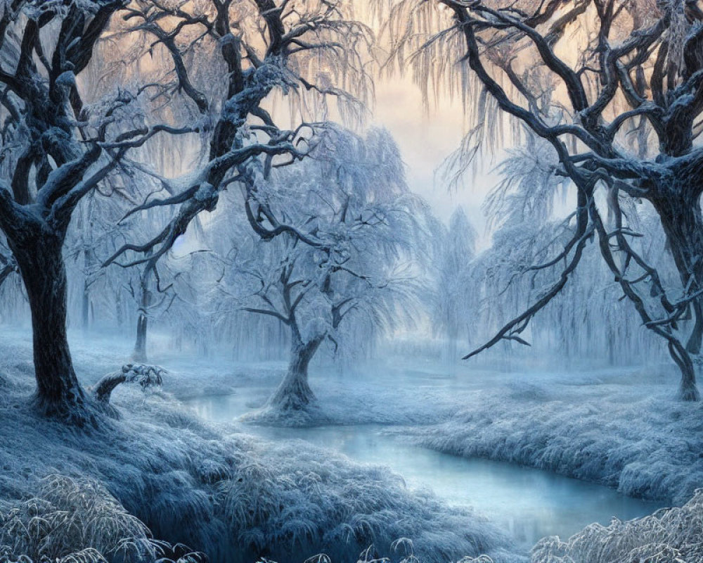 Tranquil winter landscape with frost-covered trees and frozen river