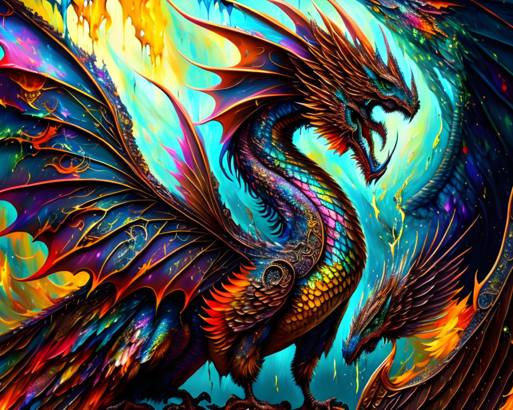Colorful Phoenix Artwork with Fiery Wings & Swirling Tail