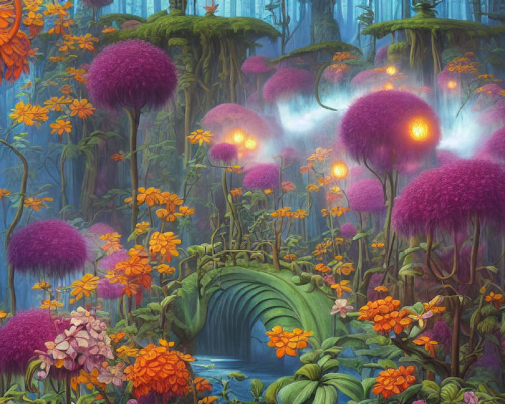 Fantastical forest scene with purple trees, glowing orbs, stone bridge, and colorful flowers