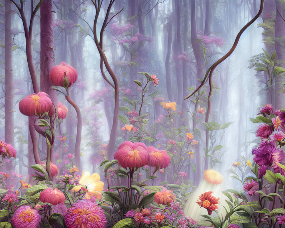 Enchanting mystical forest with purple and pink flora and whimsical trees
