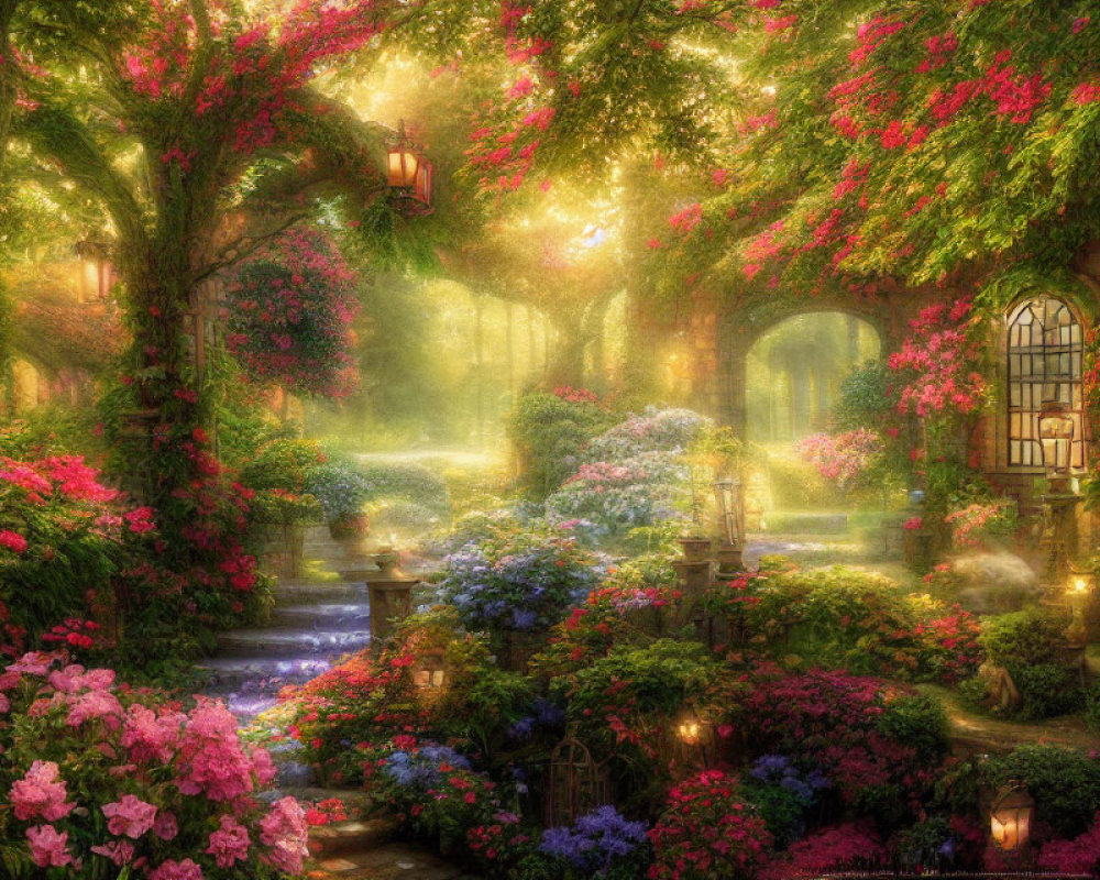 Tranquil garden scene with cascade, pink flowers, greenery, and sunlight