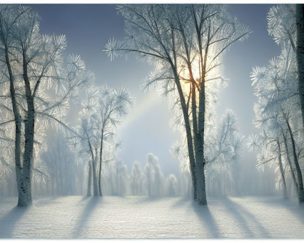 Winter landscape: sunbeams through frosty trees on snowy ground