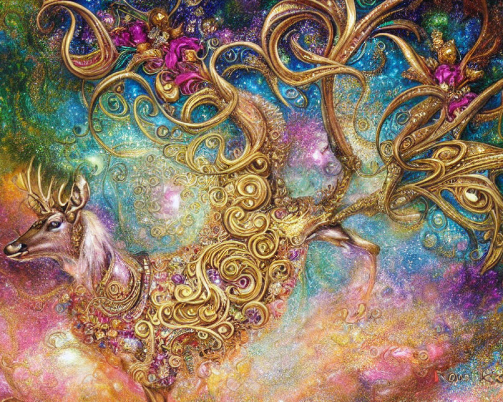 Ornately adorned stag with golden antlers on cosmic background