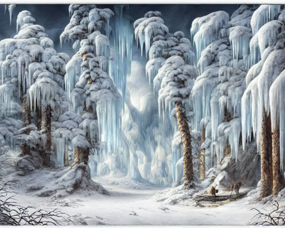 Frozen forest with towering ice structures and snowy landscape.