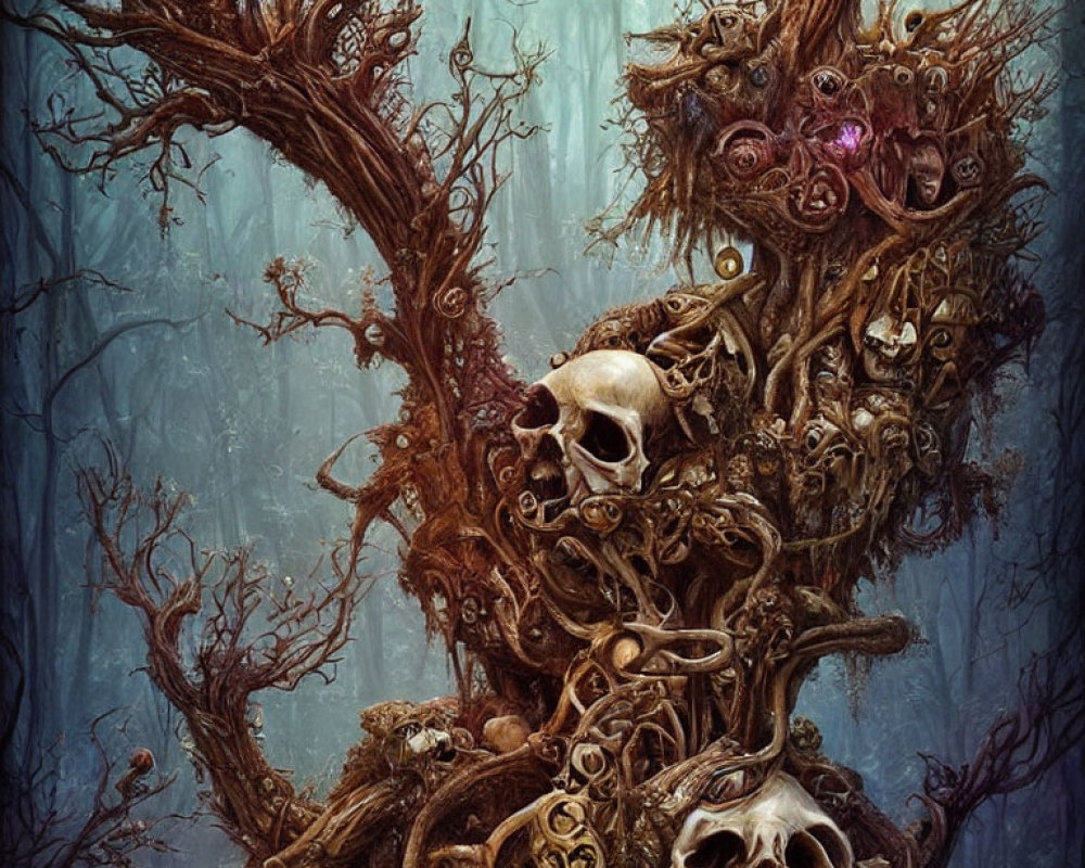 Dark forest scene with twisted trees and eerie stack of skulls and faces merged into wood