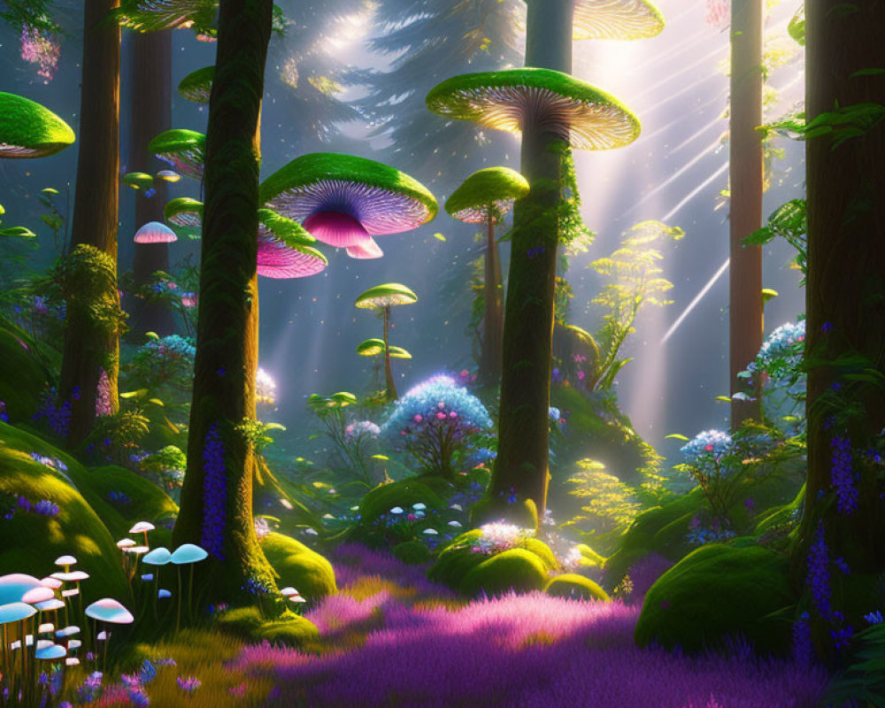Fantastical forest with oversized mushrooms and vibrant purple flora