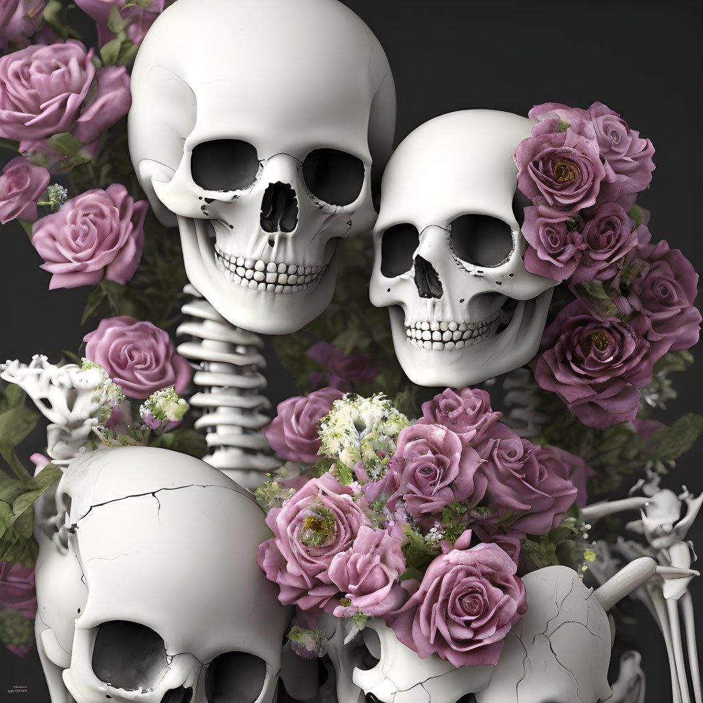 Human skulls with purple and white flowers on dark background