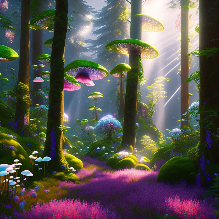 Fantastical forest with oversized mushrooms and vibrant purple flora