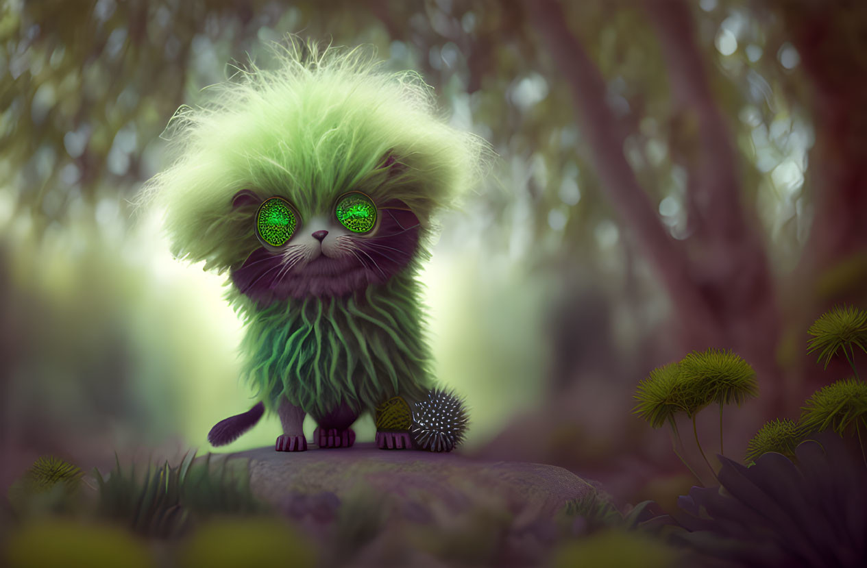 Fluffy green creature with emerald eyes in dreamlike forest