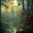 Eerie Halloween scene with jack-o'-lanterns, bats, full moon, shadowy figure