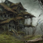 Abandoned wooden house in swampy landscape with foggy ambiance