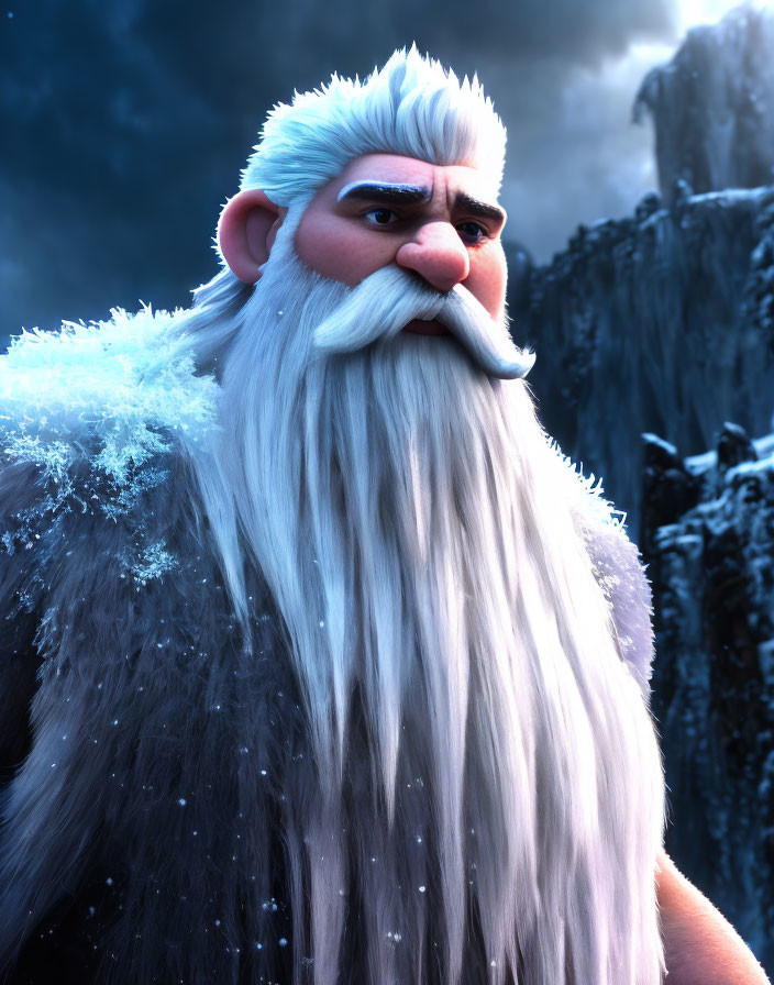 White-bearded mythical character in snowy mountain scene