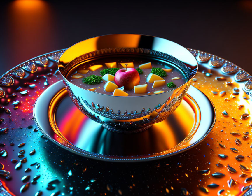 Colorful surreal image: silver bowl with reflective liquid, apple, cubes, neon lights, water dro