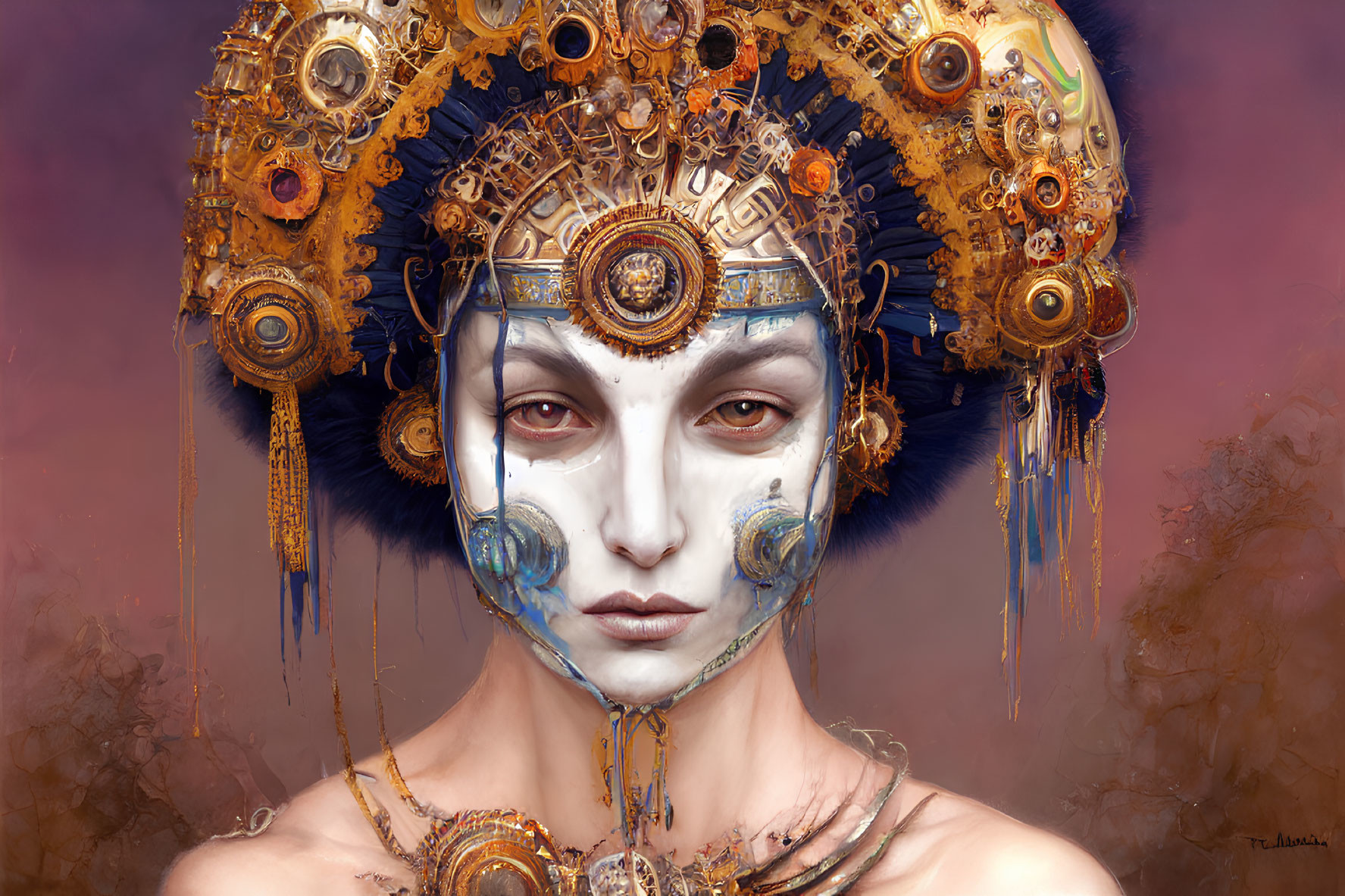 Intricate gold mechanical headdress on person against burgundy backdrop