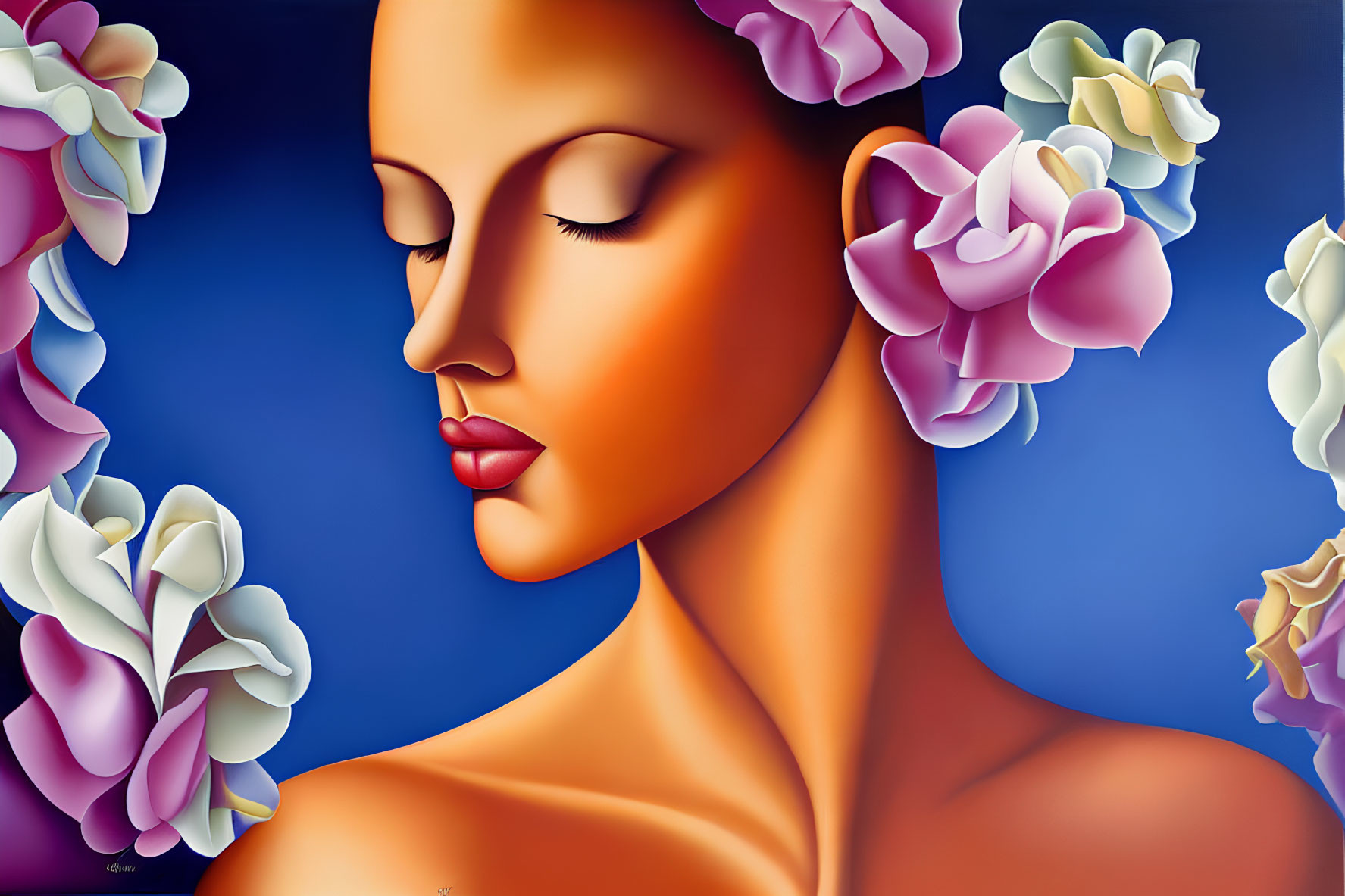Stylized portrait of woman with closed eyes and floral hair on blue background