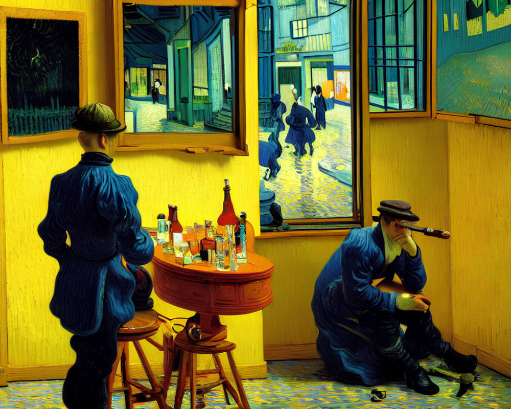 Colorful painting of two men in café with bottles on table