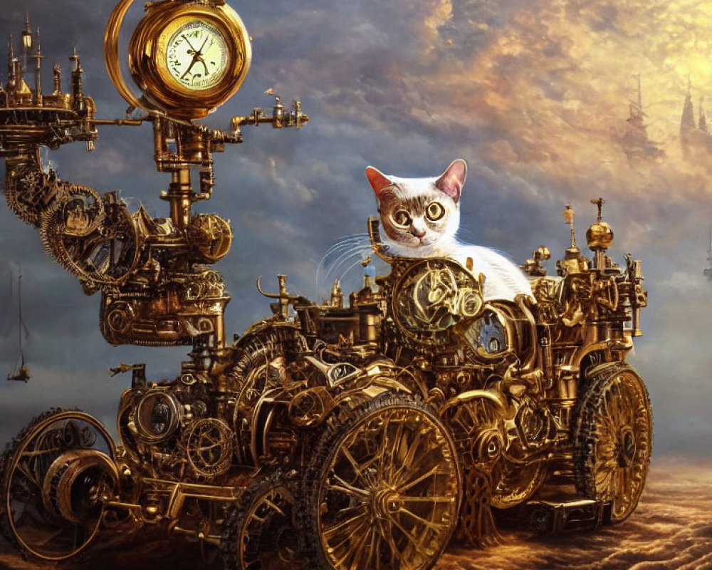 White Cat on Steampunk Vehicle with Clock Elements and Gears