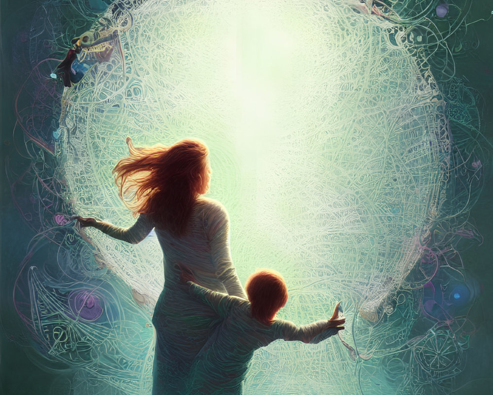 Woman and Child Facing Glowing Circular Portal with Mystical Symbols