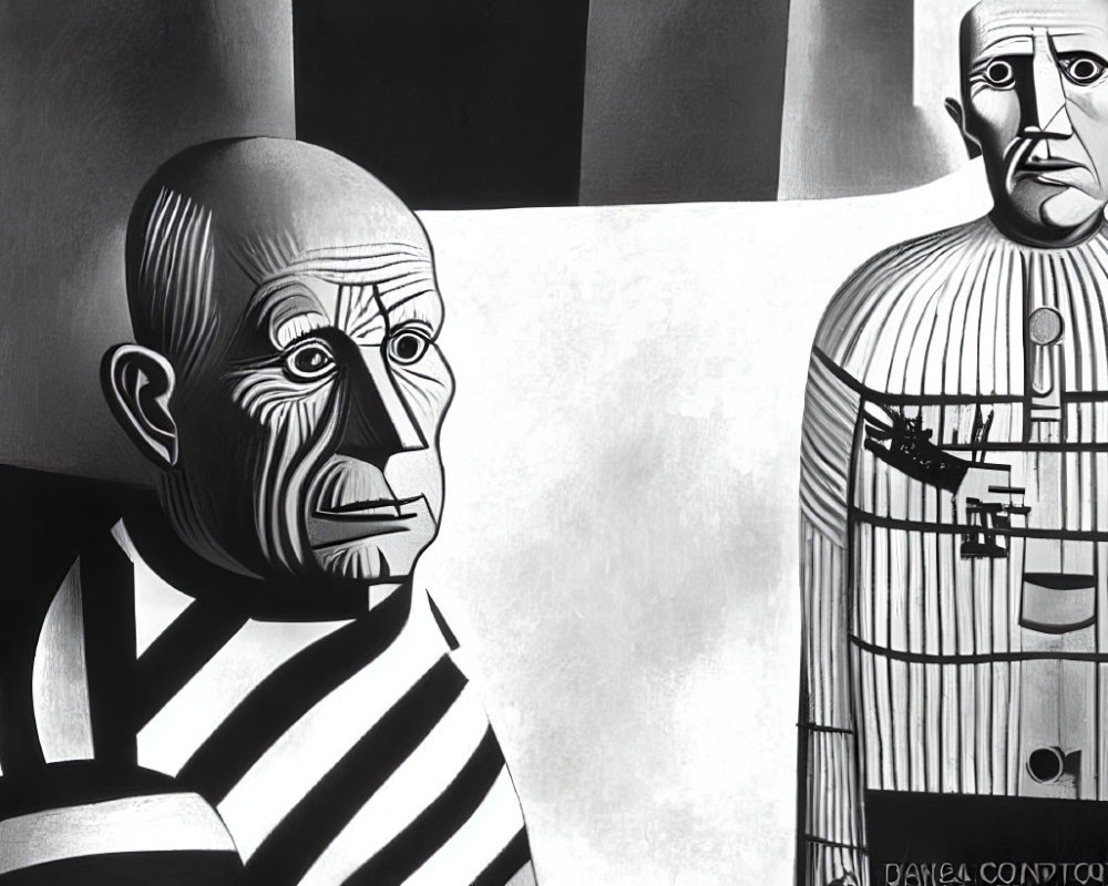 Monochrome illustration of two male figures in stripes and a suit with geometric shapes