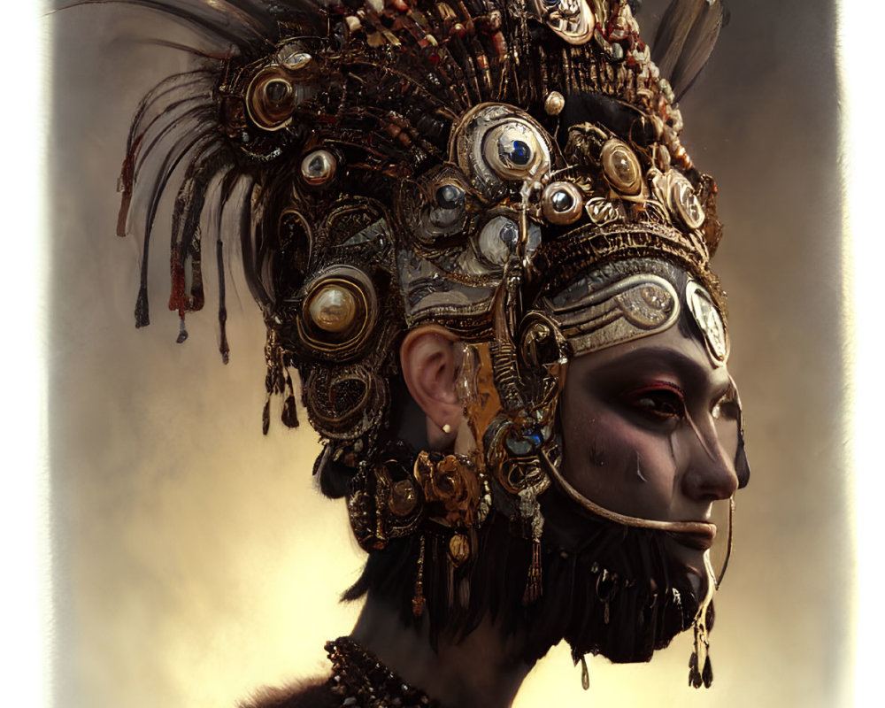 Intricately adorned person with feathered headdress on soft-lit backdrop