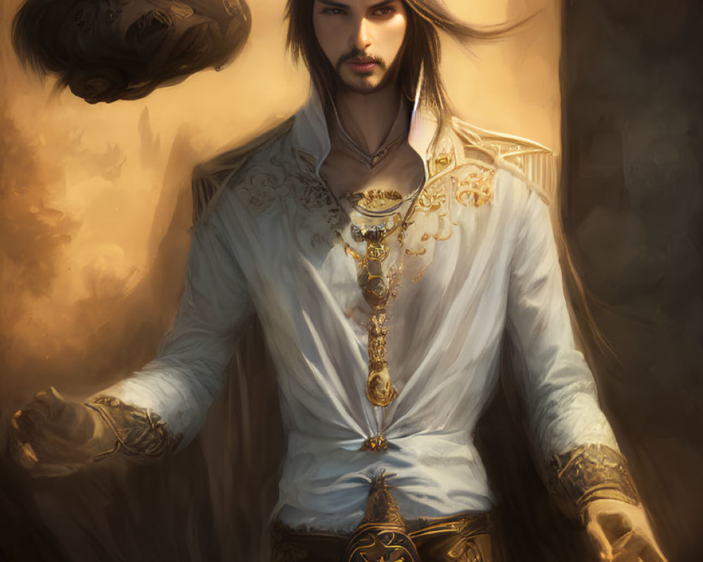 Illustration of nobleman in ornate white and gold tunic in dimly lit room