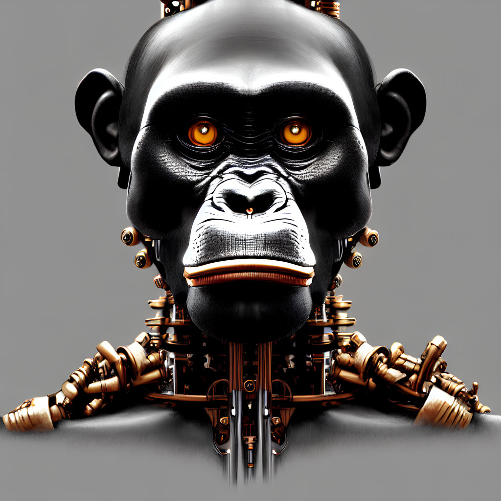 Detailed digital artwork: Robotic ape with orange eyes and mechanical features