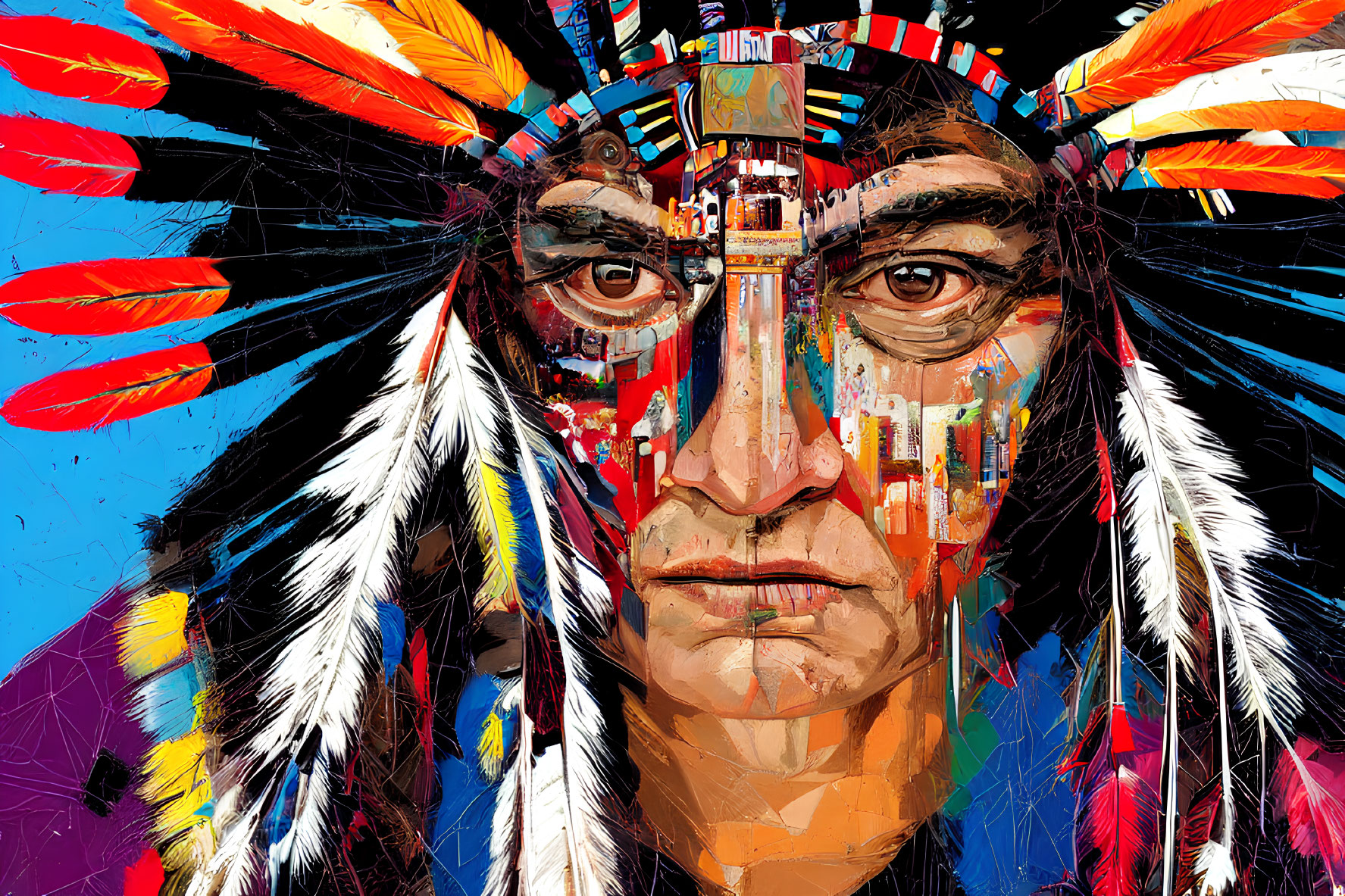 Colorful digital artwork featuring person in Native American headdress.