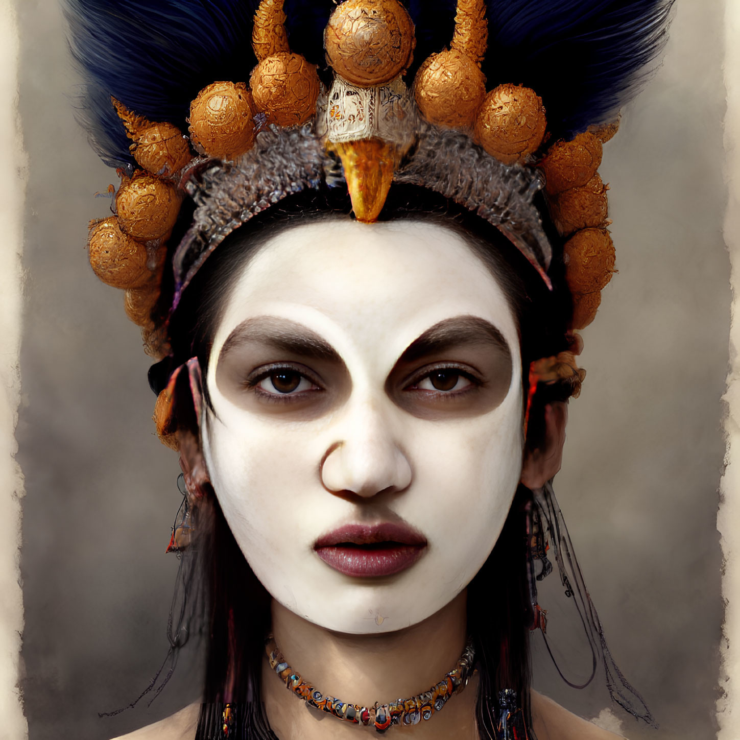 Person with dramatic white and black face makeup and ornate headdress.